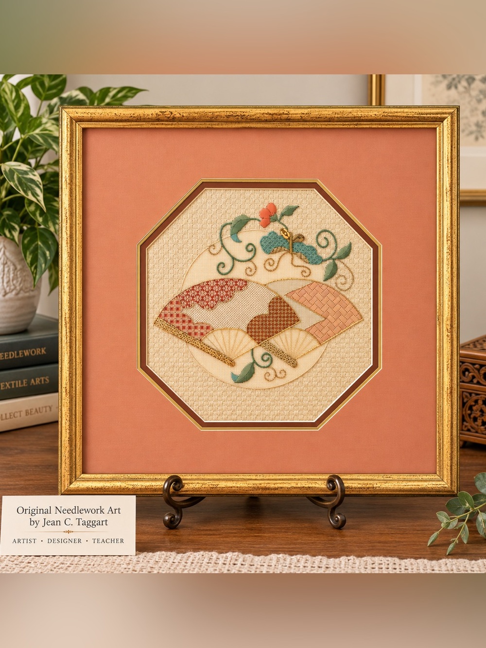 Jean C. Taggart Original Needlepoint Art Japanese Fans Framed Textile Fiber Art
